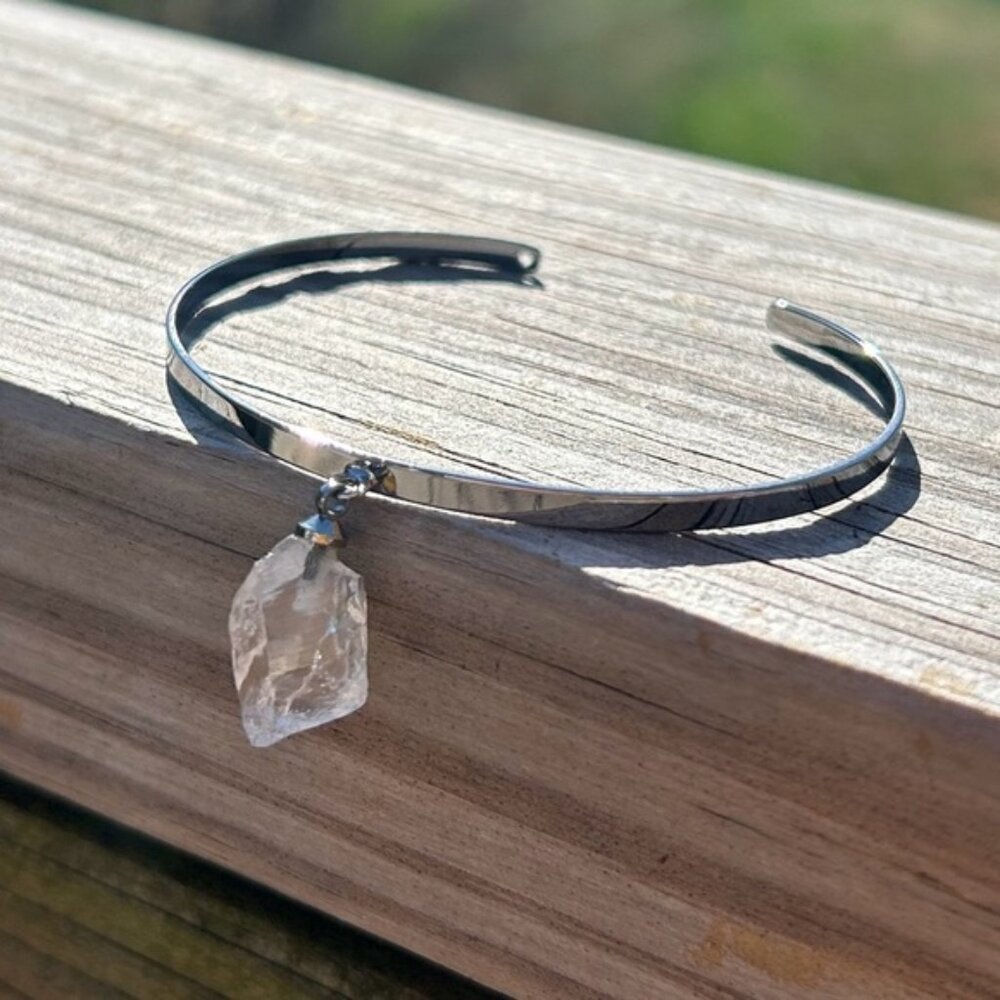 Gunmetal Dark Silver Clear Quartz Cuff Bracelet